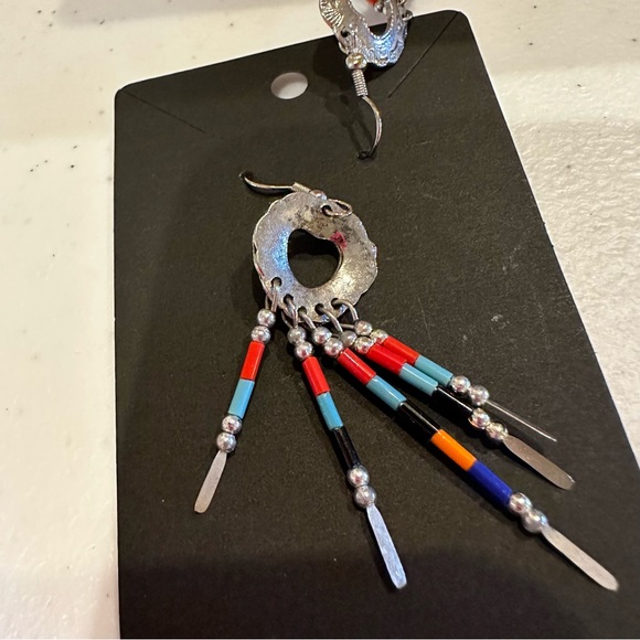 Set of 2 pairs Boho / Southwestern Earrings - silver beaded dangles blues, red - Picture 7 of 11